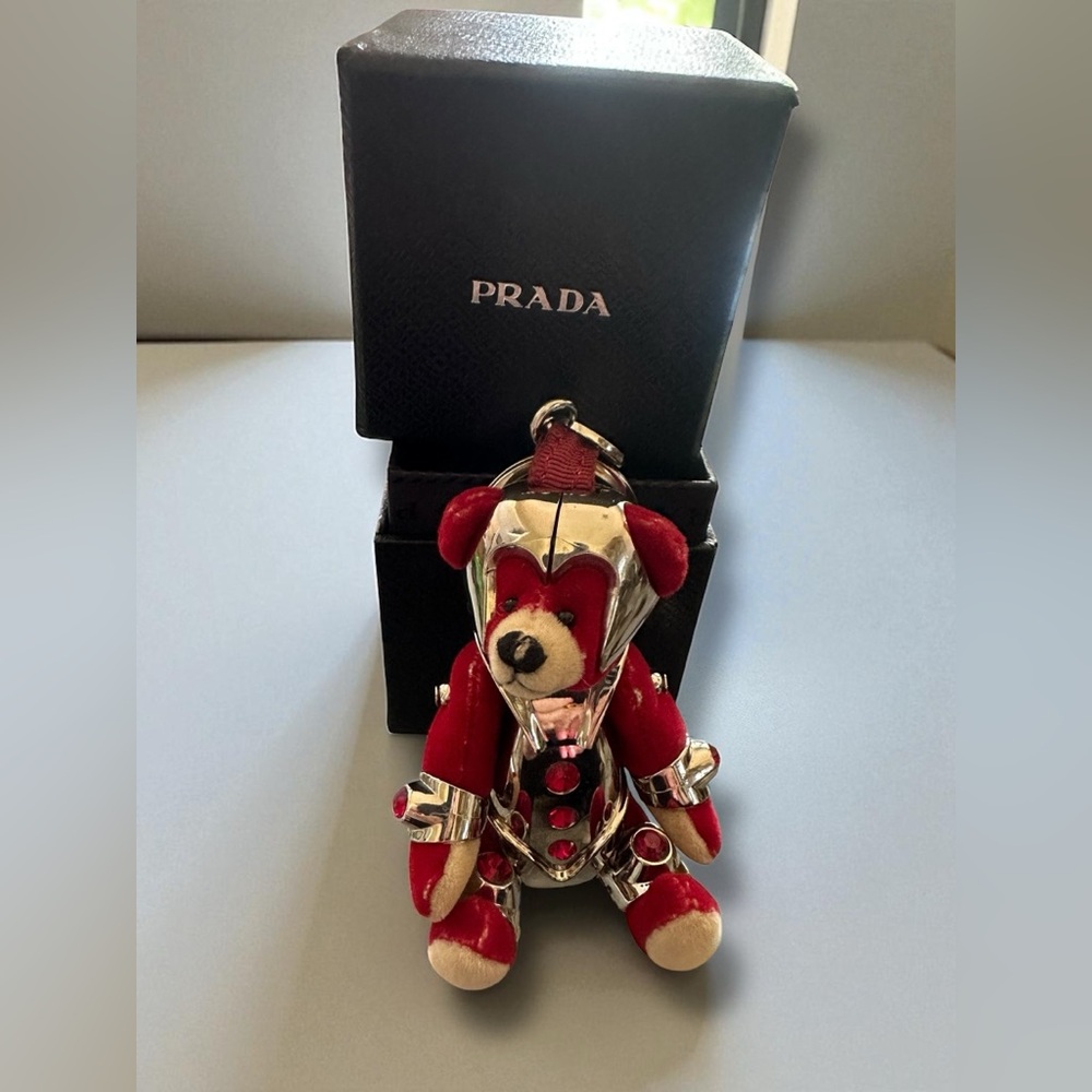 Prada Bear Robot Metallic Charm Keychain Red and Silver Teddy w/Box Red Crystals